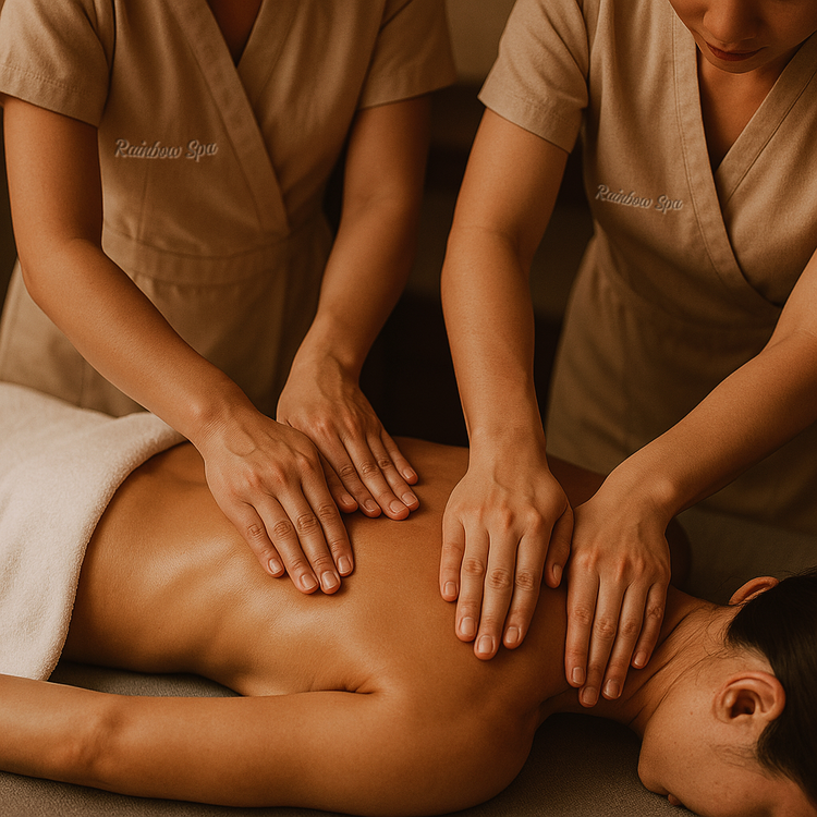 Two therapists performing four hands massage for full-body balance