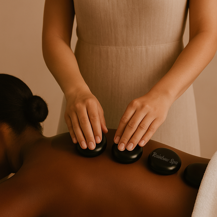 Heated stone massage easing deep muscle tension at Rainbow Spa